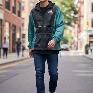 Adidas Men's Black and Green Windbreaker with Hoody